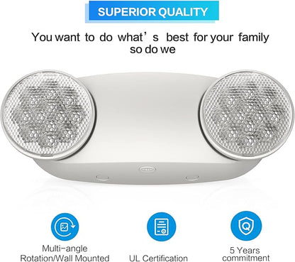 SPECTSUN 18 Pack White LED Emergency Lights with Battery Backup-UL Listed Two Head Adjustable Emergency Lighting Fixtures - 120-277V AC-Exit Sign Lights (18 Packs-U5)
