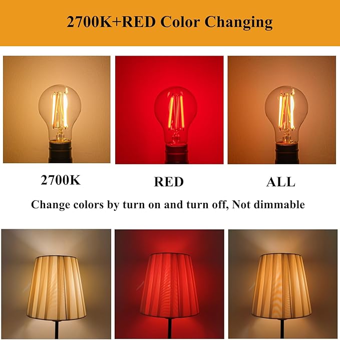 3 Color Temperature LED Bulb E26 Medium Base 60W Equivalent, 2700K Warm White and Red Color Changing Light Bulb 3CCT A19 LED 6W Clear Glass, Not Dimmable, 2 Pack