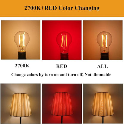 3 Color Temperature LED Bulb E26 Medium Base 60W Equivalent, 2700K Warm White and Red Color Changing Light Bulb 3CCT A19 LED 6W Clear Glass, Not Dimmable, 2 Pack