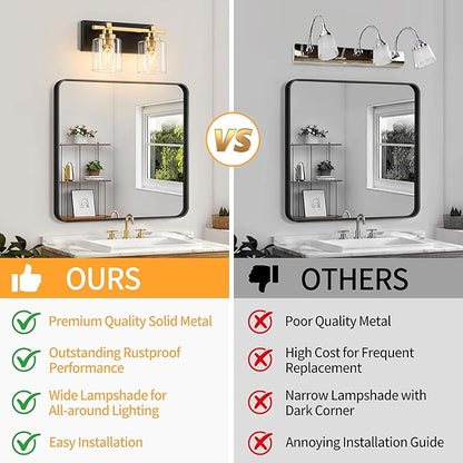 2 Light Modern Bathroom Light Fixtures Over Mirror, Black Gold Vanity Lights for Bathroom Wall Sconces with Clear Glass Shades, E26 Socket (Bulbs Not Included)