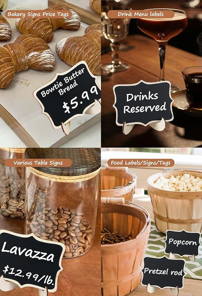 Herda 18 PCS Mini Chalkboard Signs with Easel Stand, Wooden Blackboard Labels for Wedding Celebration, Name/Place Cards, Food Labels for Party Buffet, Reusable Signs/Message Boards/Table Numbers etc.