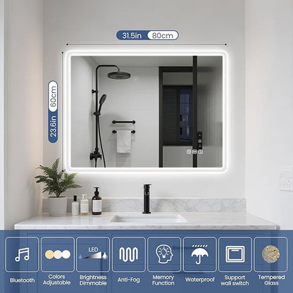 STARLEAD 24"x32" LED-Bathroom-Mirror-with-Lights, Wall-Mounted with Bluetooth Speaker, Anti-Fog, 3 Color Temperature, Dimmable Brightness, Waterproof, Tempered Glass, Frontlit & Backlit