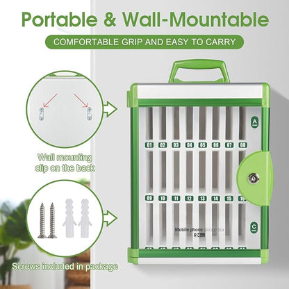 Glosen 36 Slots Cell Phone Locker, Portable Phone Storage Cabinet [Wall Mounted] [Aluminum Alloy] Cellphone Lock Box with Key & Handle for School Classroom Office Exam (Green)