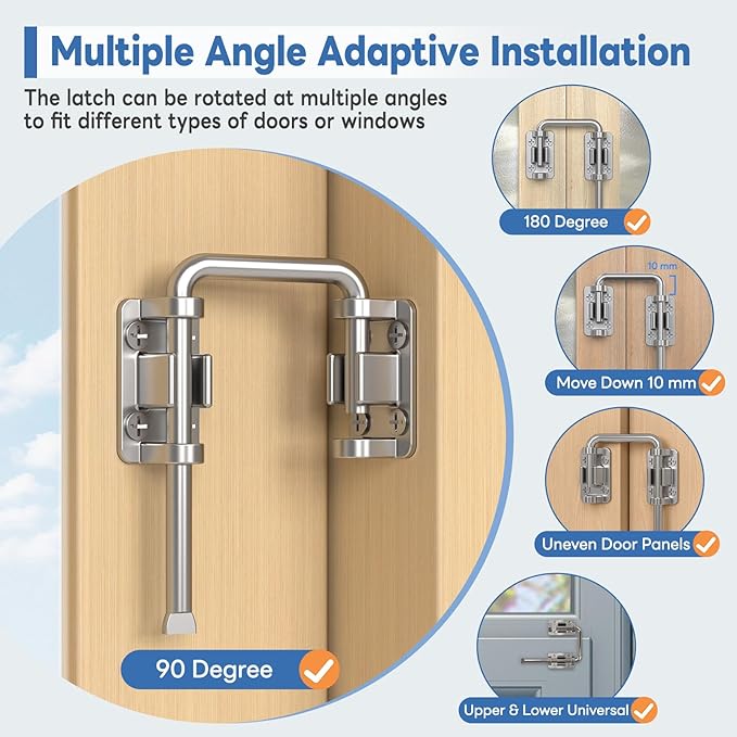 Sliding Door Loop Lock, 90/180 Degree Stainless Steel Patio Door Latch for Sliding Barn/Single/Double Opening Gate, Shed, Closet, Window, Fence - Home Security Loop Latch (Silver-2PCS)