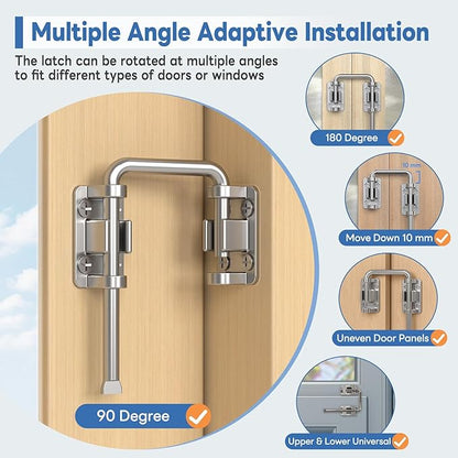 Sliding Door Loop Lock, 90/180 Degree Stainless Steel Patio Door Latch for Sliding Barn/Single/Double Opening Gate, Shed, Closet, Window, Fence - Home Security Loop Latch (Silver-2PCS)