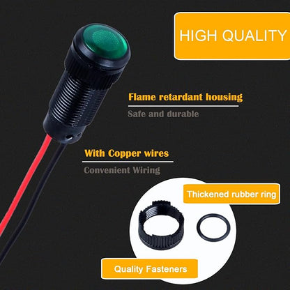 5pcs 10mm LED Indicator Light Plastic Black Signal Dot Lamp 12V-24V 2/5" Mounting Hole Size with 15cm/5.9in. Wire (Green LED)