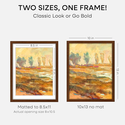 Homeforia 10x13 Brown Picture Frame, High End Dark Oak 10x13 Walnut Poster Frame with Mat 8.5x11, 10 x 13 Wooden Frames Matted to 8 by 10 inch Photo, 13x10 Frames, Tempered Glass, Wall Kit, Set of 1
