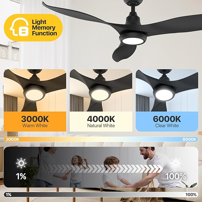 Ensenior 52 Inch Smart Ceiling Fans with Lights and Remote, Control via Alexa Google Voice App, 6 Speeds Reversible DC Motor 3000K-6000K, Dimmable LED, Black Bedroom Ceiling Fan with Lights - 3 Blades