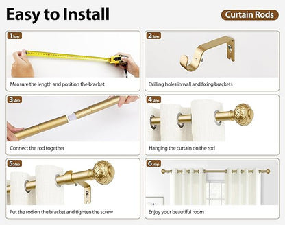 TONIAL Gold Curtain Rod 32 to 58 Inches, 7/8 Adjustable Curtain Rods for Windows 20 to 54 Inches, Splicing Drapery Rods Heavy duty with Netted Texture Finials