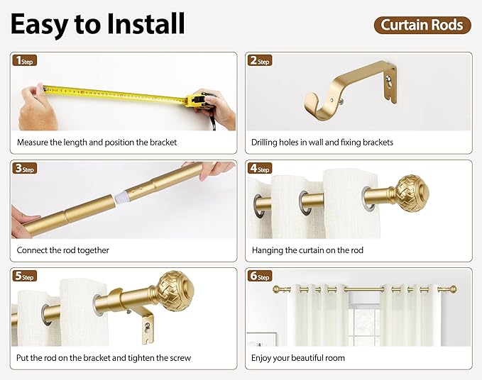 TONIAL Gold Curtain Rod 32 to 120 Inches, 7/8 Adjustable Curtain Rods for Windows 20 to 116 Inches, Splicing Drapery Rods Heavy duty with Netted Texture Finials