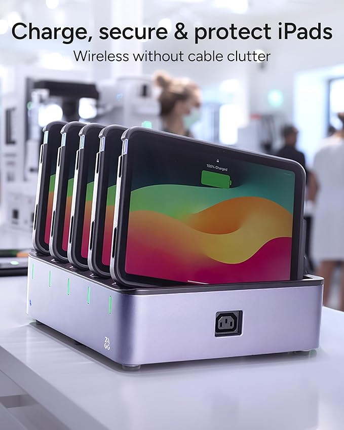 ZAGG ChargeStation Pro for iPad (10th Gen)/ iPad (A16) - Lockable Wireless Charging Station with 5 Rugged Cases – Charges 5 iPads – for Schools, Hospitals, Business & Enterprise