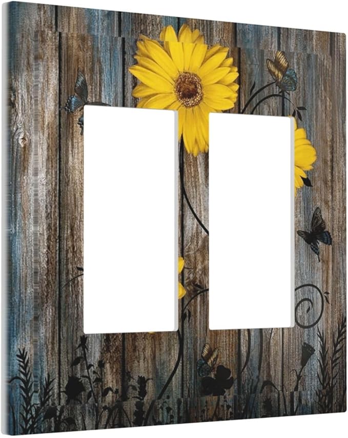 Rustic Barn Sunflower Wooden Daisy Flower Plank Decorative Outlet Covers 2 Gang Double GFCI Rocker Electrical Wall Panels Light Switch Cover Plate for Farmhouse Home Decor