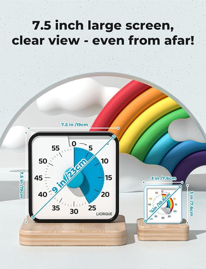 LIORQUE 60 Minute Visual Timer for Kids and Adults, Non-Ticking 7.5 Inch Large Visual Countdown Timers for Classroom Desk Countdown Clock with Magnetic Backing, Kids Pomodoro Timer Clock
