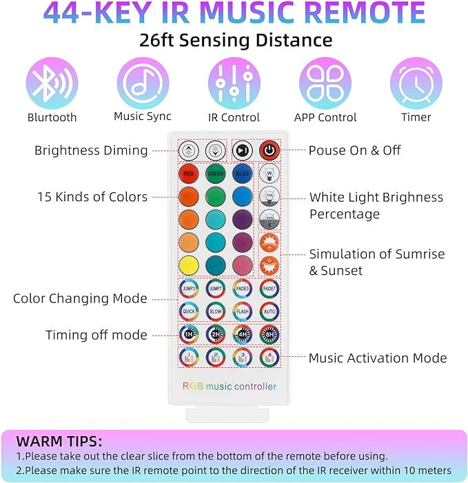 RGBZONE Bluetooth RGB LED Controller, 4-PIN Smart Music LED Strip Lights Controller, 40-Keys IR Remote Control for 5V/12V/24V SMD 5050 3528 RGB LED Strip Lights