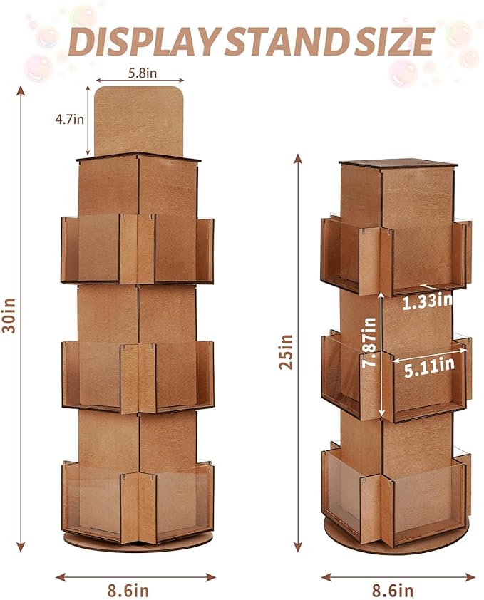 Natheeph Rotating Display Stand Greeting Card Display Wooden Display Rack with Two Card Sticker for Greeting Card Vendor Coffee Bag 3 Tier Tabletop Display Stand (Brown)