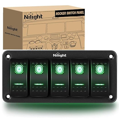Nilight 5 Gang Rocker Switch Panel 5Pin On Off Toggle Aluminum Holder 12V 24V Dash Pre-Wired Green Backlit Switches for Automotive Cars Marine Boats RVs Truck