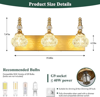 Modern Glass Crystal Vanity Light - Vintage Bathroom Lighting Fixtures Over Mirror, 3 Light Vanity Lights G9 Bulb (19.68 Inch,Brass)