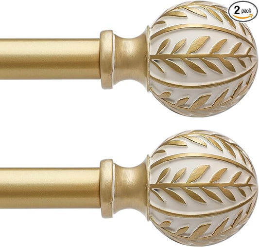 2 Pack Gold Curtain Rods for Windows 48 to 84 inch,1" Adjustable Heavy Duty Window Curtain Rod with Leaf Finials,Rustic Decorative Drapery Rods Set,Size:36-88''