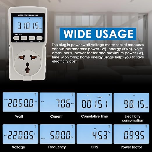 Electricity Monitor, Digital Power Overload Protection LCD Plug in Power Watt Voltage Meter, 8 Display Modes for Energy Saving, Watt Meter Outlet, Energy Consumption Factor, Power Consumption Monitor
