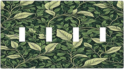 Light Switch Cover Plate Vintage Green Plant Leaves Quad Toggle Wall Plates Decorative Switch Plates 4 Gang Outlet Covers Electrical Panel Cover Faceplate for Home Decor 4.5 X 8 IN
