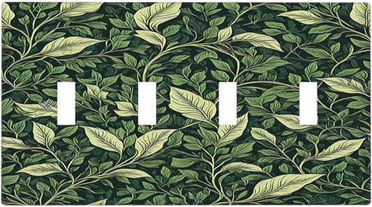 Light Switch Cover Plate Vintage Green Plant Leaves Quad Toggle Wall Plates Decorative Switch Plates 4 Gang Outlet Covers Electrical Panel Cover Faceplate for Home Decor 4.5 X 8 IN