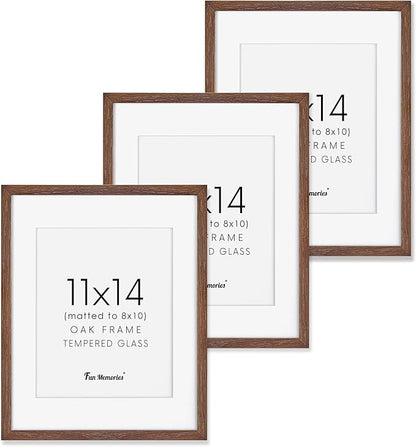 Fun Memories 11x14 Wood Picture Frame, Set of 3, Natural Oak Frame 11 x 14 with Tempered Glass, 8x10 Matted to Wood, Farmhousr Rustic Wooden Poster 11x14, Walnut Color