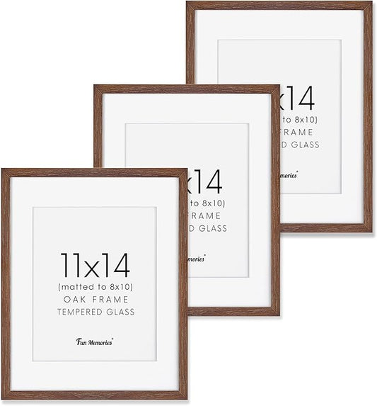 Fun Memories 11x14 Wood Picture Frame, Set of 3, Natural Oak Frame 11 x 14 with Tempered Glass, 8x10 Matted to Wood, Farmhousr Rustic Wooden Poster 11x14, Walnut Color