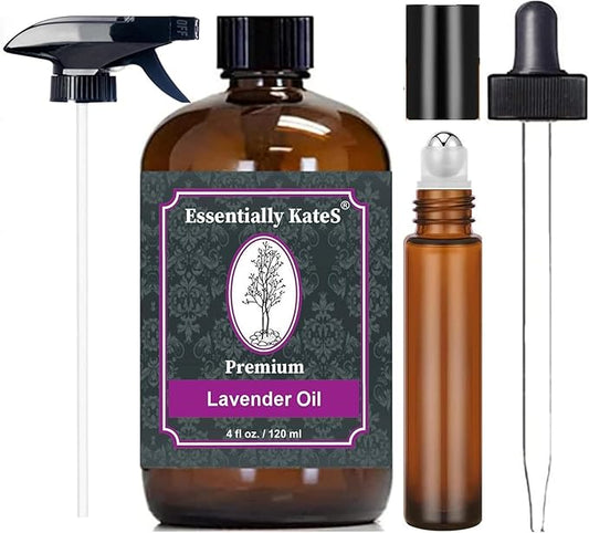 Essentially Kates Lavender Oil - 100% Pure and Natural, Therapeutic Grade with Glass Dropper and Roll-on Bottle