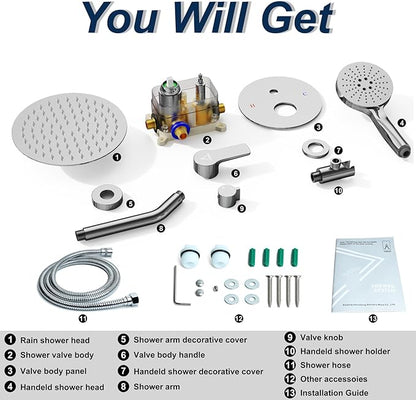 Shower Faucet Set 10IN Brass Rough-In Valve Body Trim Kit Rainfall Included Handle Accessories Complete 2 Functions with Rain Head and Handheld Bathroom Systems (10'', Chrome Polished)