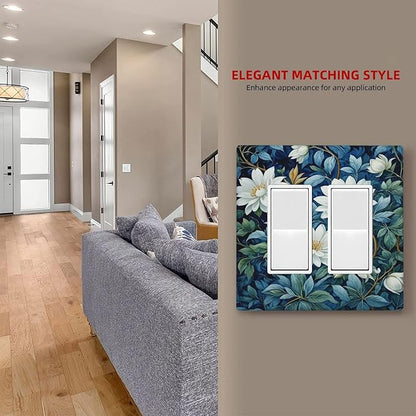 White Flowers Green Leaves Dual Outlet Covers Wall Plate 2 Gang Rocker Decora Decorative Switchplate Electrical Faceplate GFCI Light Switch Covers for Farmhouse Living Decor