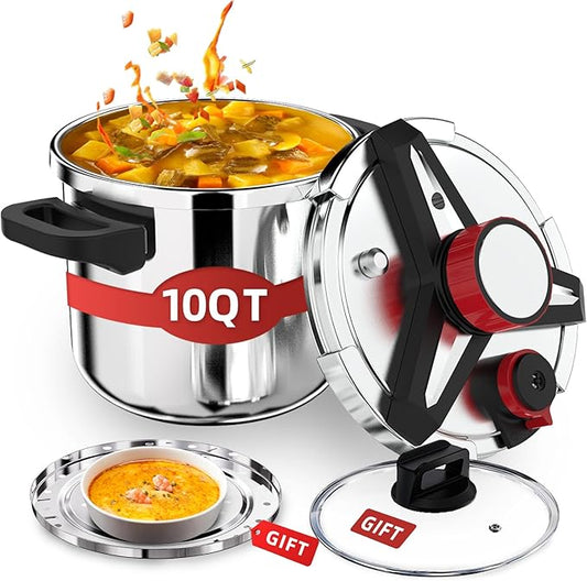 3-In-1 304 Stainless Steel Pressure Cooker 10 QT: [Explosion-Proof] [3 PSI Settings], One-Hand Locking, Induction Compatible, Glass Lid & Steamer Rack Included, Olla de Presion