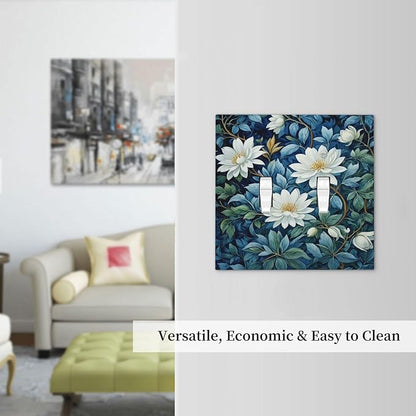 White Flowers Green Leaves Light Switch Covers Double Toggle 2 Gang Wall Plate Dual Decorative Switchplate Electrical Faceplate for Farmhouse Living Room Decor
