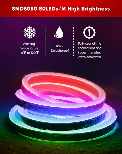Shine Decor LED RGB Neon Rope Lights AC 120V, Expandable & Cuttable Bright Strip Lighting with Remote, Dimmable Color Changing, ETL Cold-Resistant & IP65 Waterproof for in&Outdoor, 10x20mm, 98.4FT