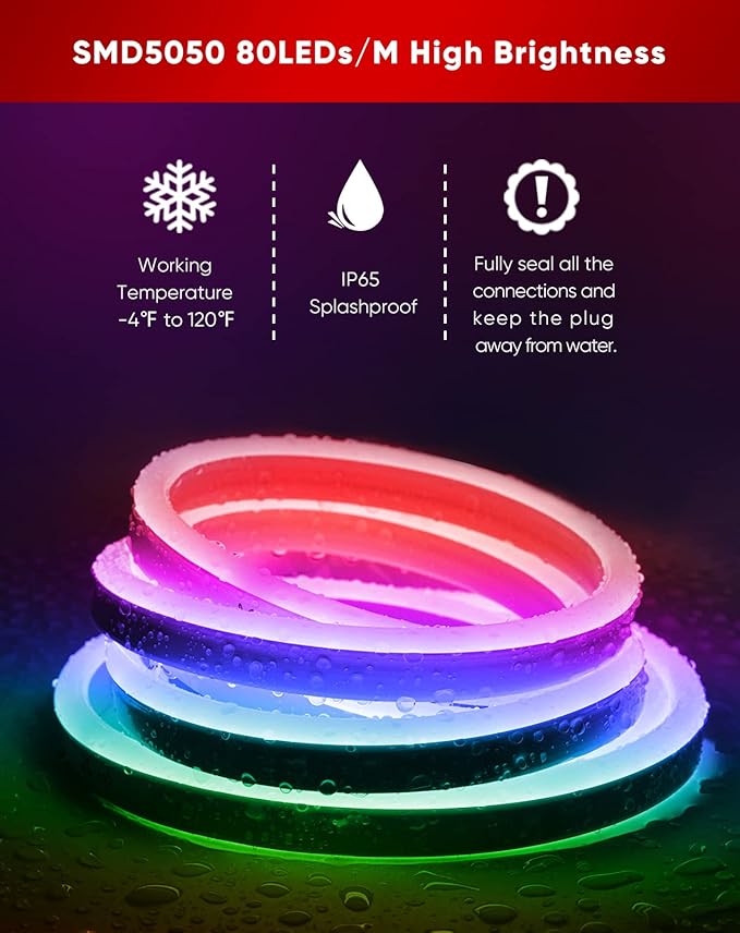 Shine Decor LED RGB Neon Rope Lights AC 120V, Expandable & Cuttable Bright Strip Lighting with Remote, Dimmable Color Changing, ETL Cold-Resistant & IP65 Waterproof for in&Outdoor, 10x20mm, 65.6FT