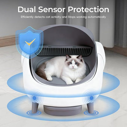 Open-Top Self Cleaning Litter Box, Automatic Cat Litter Box for Multiple Cats, APP Control, Safety Protection, Includes Trash Bags, White/Grey