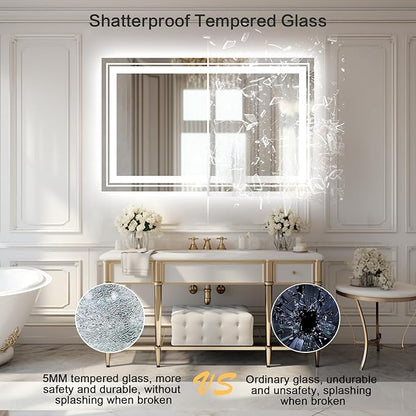 WTTY 48x30 LED Bathroom Mirror with Lights, Front and Backlit Lighted Bathroom Vanity Mirrors for Wall, Dimmable Wall Mirrors for Bathroom, Anti-Fog, Memory, Shatter-Proof, Double LED Vanity Mirror