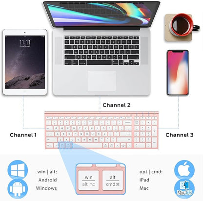 iClever BK10 Bluetooth Keyboard, Wireless Rechargeable Ultra-Slim Keyboard with Long Battery Life, Compatible with iOS, Android, Windows, Mac for iPad, Tablet, Laptop, PC, Phone (Rose Gold)