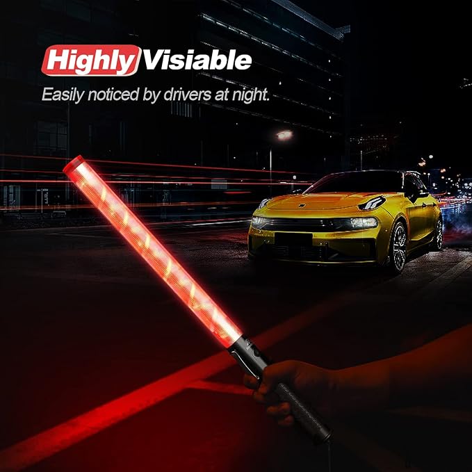 RoadHero 10 Pack 21 Inch Traffic Wand, Brightness Traffic Control Baton with 2 Flashing Modes, Safety Marshalling Wands with Side Clip for Airport, Parking Lot, Car Directing