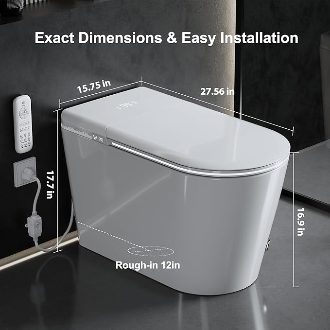 TDH Smart Toilet with Foam Shield, Ambient Lighting & Blackout Flush,Tankless Toilet Heated Seat for Bathrooms, Multiple Cleaning Modes,Round Toilet Seat