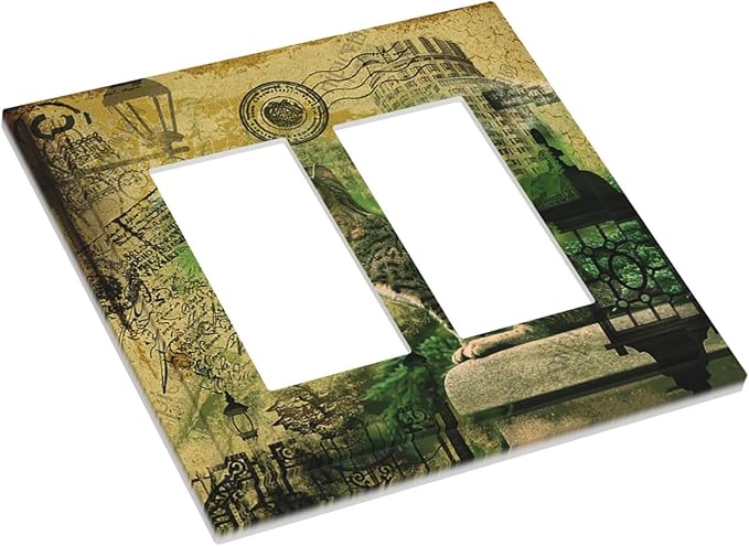 Decorative Outlet Covers Vintage Style Cat City Stamp 2 Gang Double Rocker Light Switch Cover Plate Electrical Switch Plate Cover Decorate GFCI Wall Plate for Bedroom Home Decor
