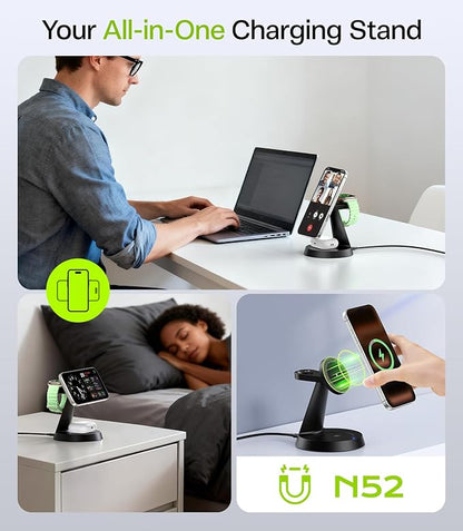 3 in 1 Charging Station for Apple Devices, 15W Fast Wireless Charger Compatible with MagSafe Charging Stand for iPhone 17 16 15 14 13 12 Series, Watch Charger Stand for Apple Watches & Airpods