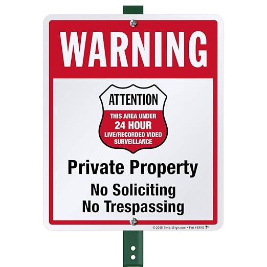 SmartSign 12" x 10" 'Warning - Private Property, No Soliciting/Trespassing, Area Under Surveillance' Yard Sign with 3 ft Stake, 40 mil Laminated Rustproof Aluminum, Red/Black/White, USA-Made