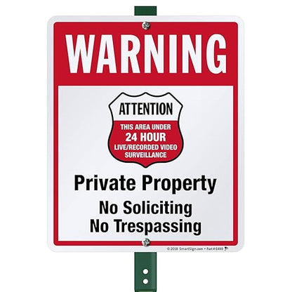 SmartSign 12" x 10" 'Warning - Private Property, No Soliciting/Trespassing, Area Under Surveillance' Yard Sign with 3 ft Stake, 40 mil Laminated Rustproof Aluminum, Red/Black/White, USA-Made