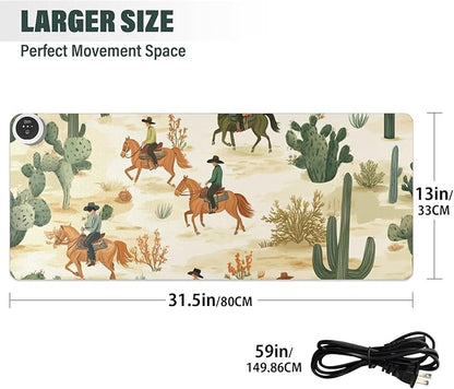 Heated Desk Pad Mouse Pad 31.5x13 Inch PU Leather Desk Mat with 3 Heat Levels Large Mouse Gaming Computer Laptop Mat Cute Cacti Desert Cowboys Horses