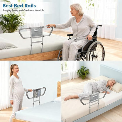 Bed Rail for Elderly Adults Safety – Bed Rails for Seniors Safety, Adjustable Bedside Assist Rail with Storage Pocket, Non-Slip Handle, Motion Sensor Night Light, Heavy-Duty 400LB Support