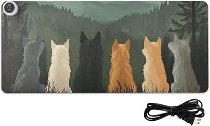Heated Desk Pad Mouse Pad 31.5x13 Inch PU Leather Desk Mat with 3 Heat Levels Large Mouse Gaming Computer Laptop Mat Cute Wolves Back and Green Mountain