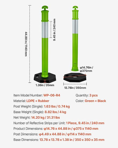 VEVOR 3 Pack Traffic Delineator Posts, 48 inches Traffic Safety Cones with Weighted Base and Reflective Strips, Heavy Duty Delineator Posts for Construction Site, Parking Lot, Crowd Control, Green
