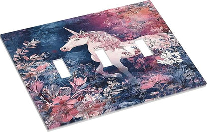 Decorative Light Switch Cover Plate Fantastic Pink Unicorn Wildflower Forest 3 Gang Wall Plate Triple Toggle Switch Plate Covers Electrical Outlet Cover for Bedroom Kids room Decor