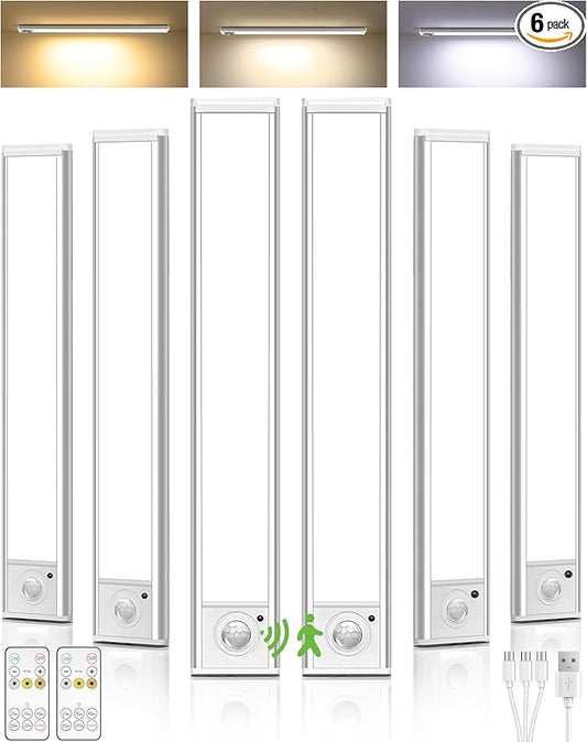 6Pack 12inch Under Cabinet Lighting, Rechargeable Motion Sensor Light Wireless Indoor, Dimmable 3 Color Temps Closet Lights with Remote, Indoor Under Counter LED Lights for Kitchen, Stairs
