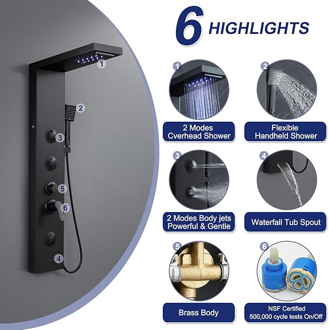 ROVATE LED Shower Panel Tower System with Rainfall Waterfall Shower, Matte Black Shower Panel with Jets and Rainfall and Handheld, 5 in 1 Stainless Steel Shower Tower High Pressure with Tub Spout